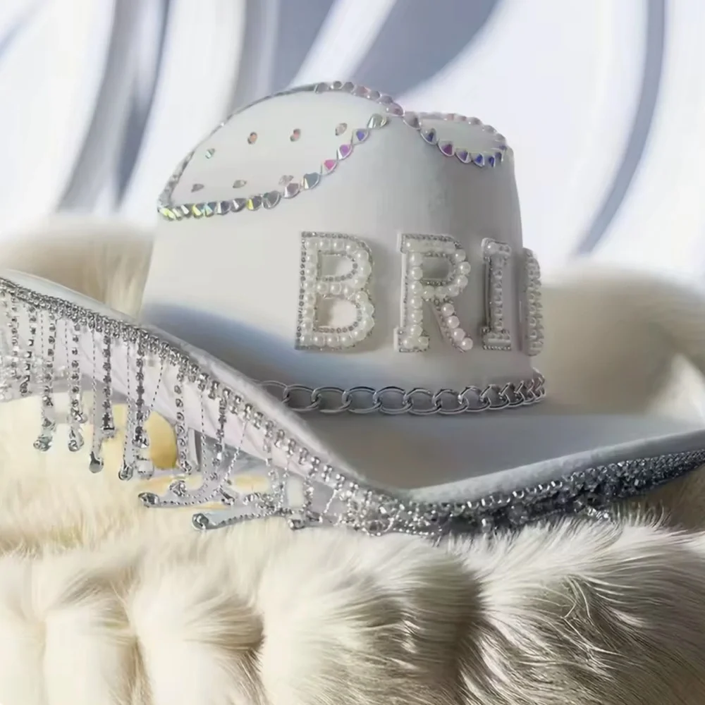 Quality White BRIDE Pearl Accent AB Rhinestones Chain Fringe Western Cowboy Hat